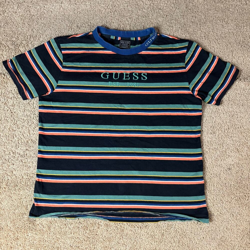 Guess Embroidered Striped Pattern T-Shirt Mens Sz S Black‎ Orange Green Retro - Picture 1 of 4
